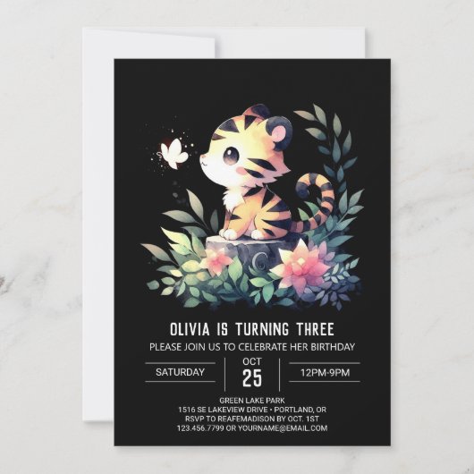 ハッピーミニマリストタイガー誕生日 招待状 (正面)
