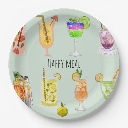 ハッピーミュエレガントーウォータカラーカクテル誕生日 ペーパープレート (正面)