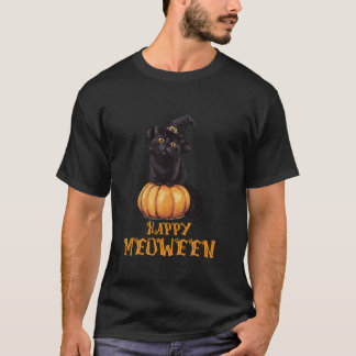 ハッピーミーンハロウィーンブラックかわいい猫カボチャCos Tシャツ