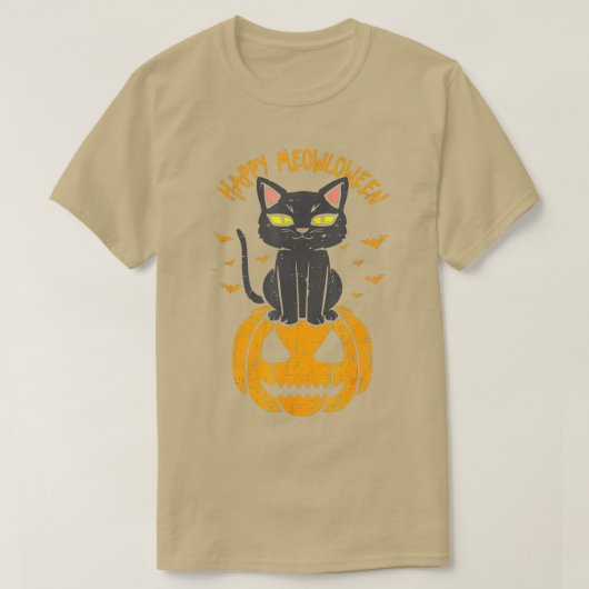 ハッピームーウィーンブラックキャットオンパンプキンフルムーンハ Tシャツ (デザイン正面)