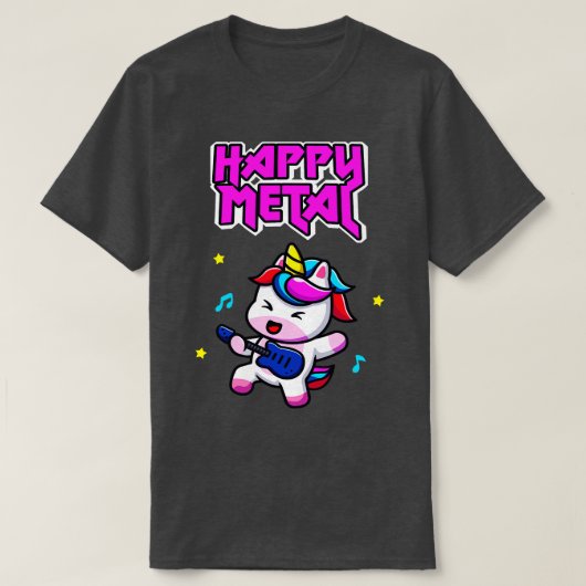 ハッピーメタルユニコーン可愛おもしろいいヘビーロックミュージシャン Tシャツ (デザイン正面)
