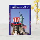 ハッピーメモリアルデーボクサー犬グリーティングカード カード (黄色い花)