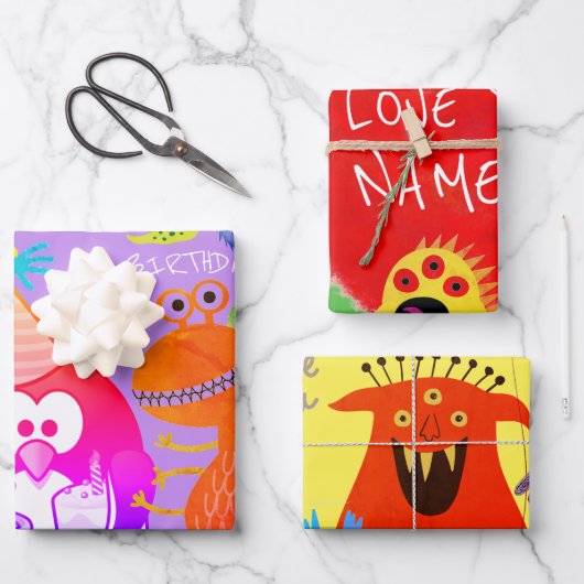 ハッピーモンスターカスタム文字ギフトラップフラットシート ラッピングペーパーシート (正面)