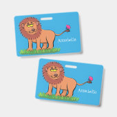 ハッピーライオンと蝶の漫画イラストレーション バッジ (正面＆裏面)