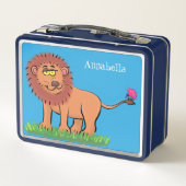 ハッピーライオンと蝶の漫画イラストレーション メタルランチボックス (裏面)