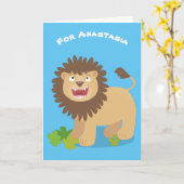 ハッピーライオンの轟音の漫画イラストレーション カード (黄色い花)