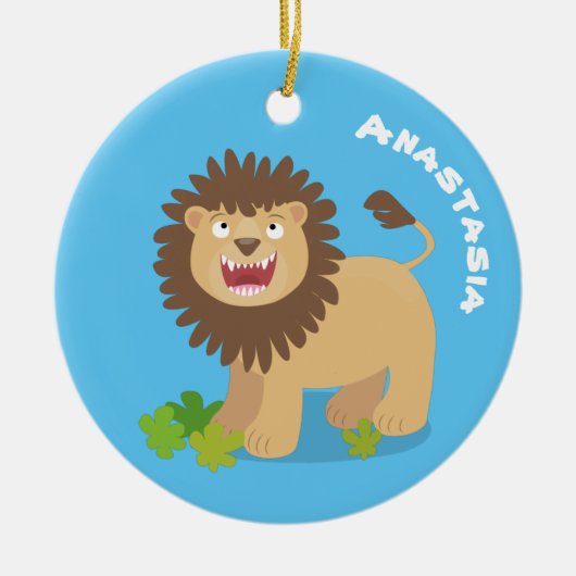 ハッピーライオンの轟音の漫画イラストレーション セラミックオーナメント (正面)