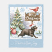 ハッピーラブラドールリトリエバーパピードグメリークリスマス フリースブランケット (正面)