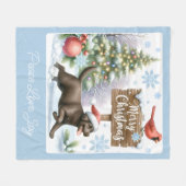 ハッピーラブラドールリトリエバーパピードグメリークリスマス フリースブランケット (正面(横))