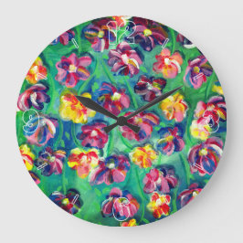 ハッピーリカラフルトルフラワーズオリジナルのアートワーク ラージ壁時計