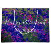 ハッピーリタイアパープルブルー花模様ハンド絵を描 ラージペーパーバッグ (正面)