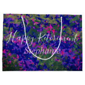 ハッピーリタイアパープルブルー花模様ハンド絵を描 ラージペーパーバッグ (裏面)