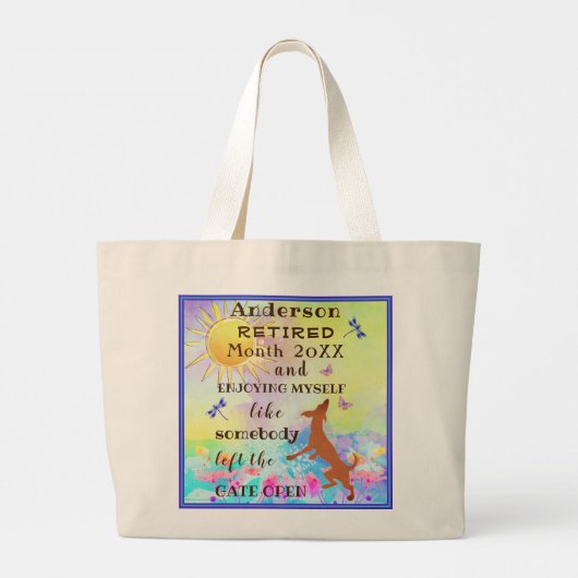 ハッピーリタイアメントかわいい踊り犬とジャンプ喜び ラージトートバッグ (裏面)