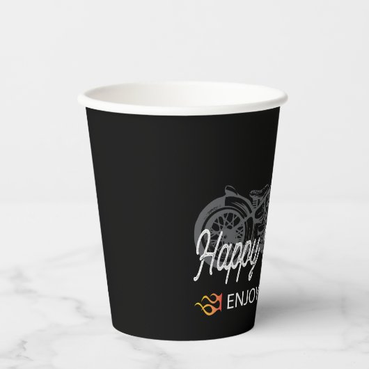 ハッピーリタイアメントバイクもしくは自転車に乗る人とバイクとフレイムス 紙コップ (正面)