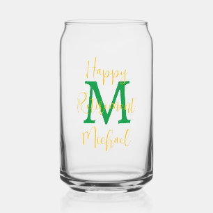 ハッピーリタイアメントパーティーグリーンモノグラム金ゴールド名 ガラス缶