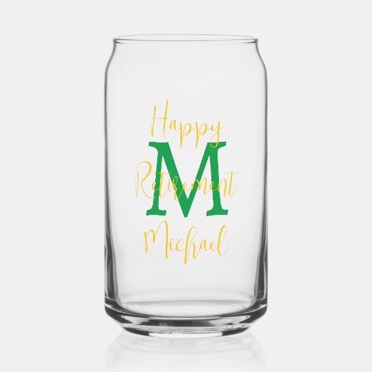 ハッピーリタイアメントパーティーグリーンモノグラム金ゴールド名 ガラス缶 (正面)