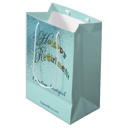 ハッピーリタイアメント金ゴールドブルーグリッター ミディアムペーパーバッグ (正面アングル)