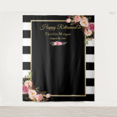 ハッピーリタイアメントBWストライプス フラワーバックドロップ タペストリー (正面)