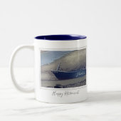 ハッピーリタイア魚釣りボートビーチ ツートーンマグカップ (左)