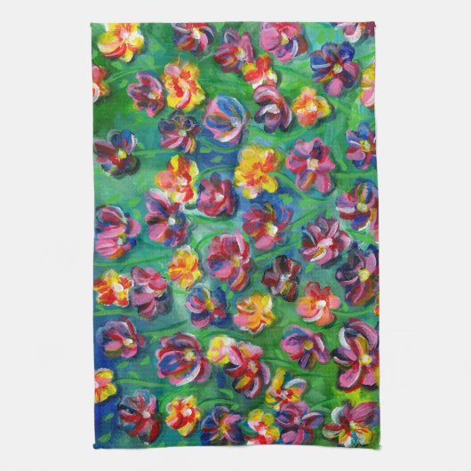 ハッピーリッカラフルトルフラワーズオリジナルのアートワーク キッチンタオル (縦)
