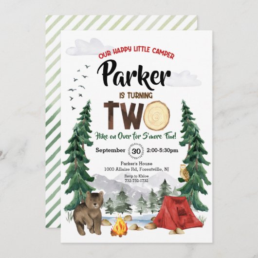 ハッピーリトルキャンパーは2歳の誕生日招待状 招待状 (正面/裏面)