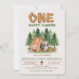 ハッピーリトルキャンパー　ウッドランド水彩　1歳誕生日 招待状