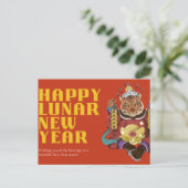 ハッピールナニューイヤー赤&金ゴールドデザイン ポストカード (スタンド正面)