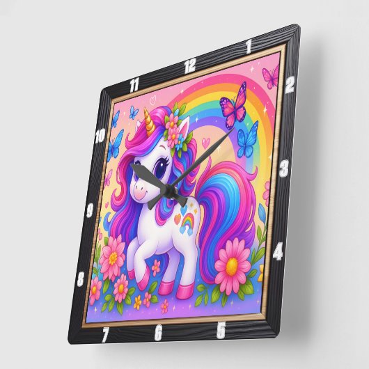 ハッピーレインボーユニコーンフローラ スクエア壁時計 (傾斜)
