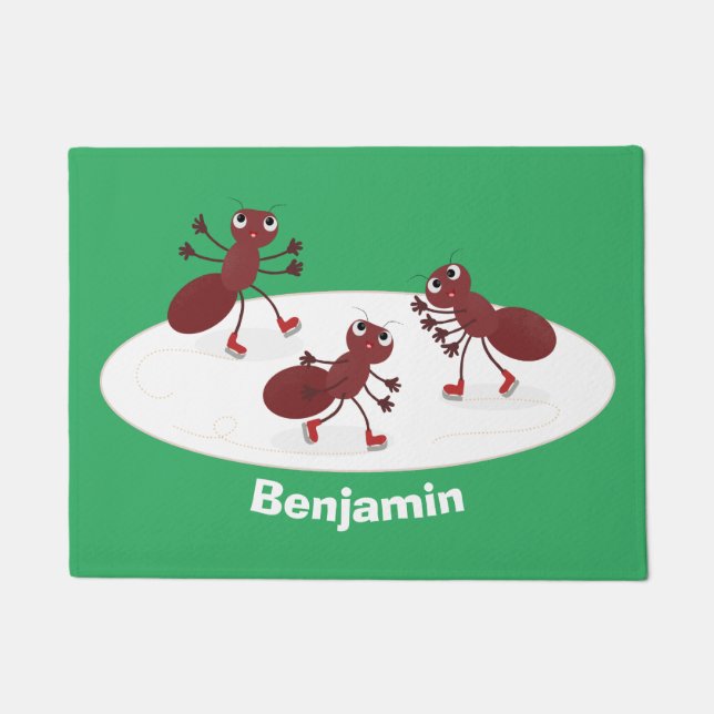 ハッピーレッドアリ氷スケートで滑る漫画 ドアマット (正面)