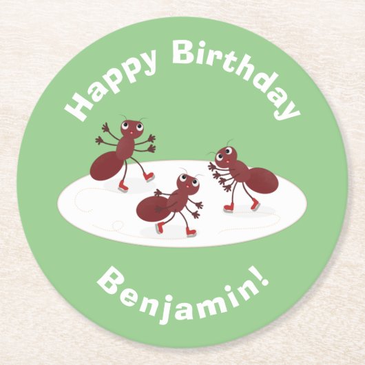 ハッピーレッドアリ氷スケートで滑る漫画 ラウンドペーパーコースター (正面)