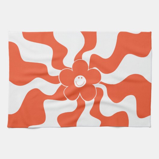 ハッピーレトロデイジーインオレンジ&ホワイト キッチンタオル (横)