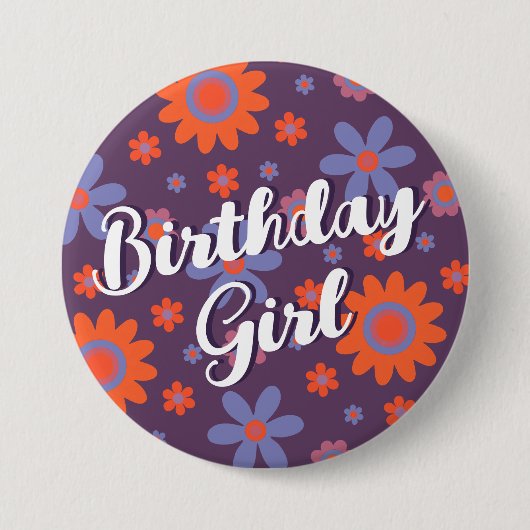 ハッピーレトロフラワーズ70sデイジーかわいい誕生日ガール 缶バッジ (正面)