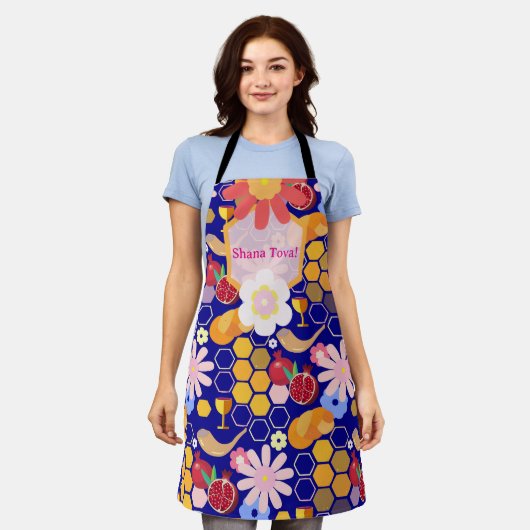 ハッピーロシュハシャナユダヤ正月の花柄 エプロン (着用した状態)