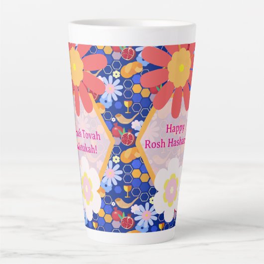 ハッピーロシュハシャナユダヤ正月の花柄 カフェラテマグ (正面)