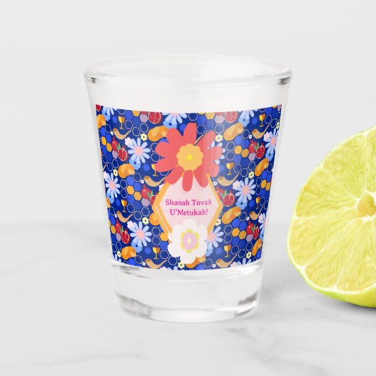 ハッピーロシュハシャナユダヤ正月の花柄 ショットグラス (正面)