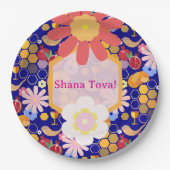 ハッピーロシュハシャナユダヤ正月の花柄 ペーパープレート (正面)
