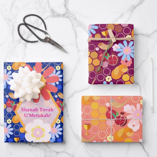 ハッピーロシュハシャナユダヤ正月の花柄 ラッピングペーパーシート (正面)