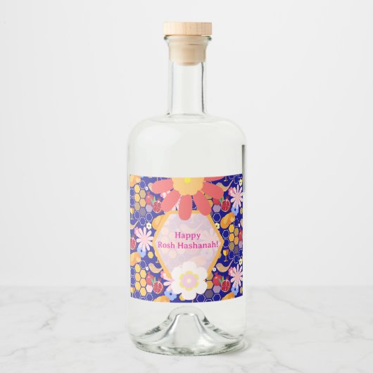 ハッピーロシュハシャナユダヤ正月の花柄 リキュールボトルラベル (正面)