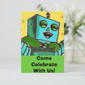 ハッピーロボット漫画スタイルお祝い招待状 招待状 (スタンド正面)