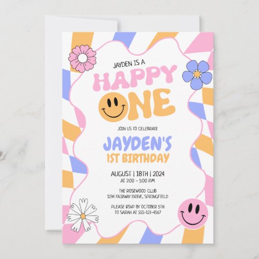 ハッピーワンY2kレトロGroovyスマイル顔誕生日 招待状 (正面)