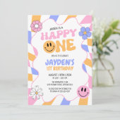 ハッピーワンY2kレトロGroovyスマイル顔誕生日 招待状 (スタンド正面)