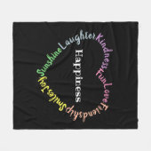 ハッピーワーズパステルタイポグラフィハートブラック フリースブランケット (正面(横))