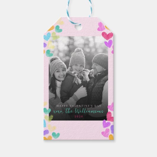 ハッピーヴァレンティーンズデイキュートパステルハート写真 ギフトタグ (正面)