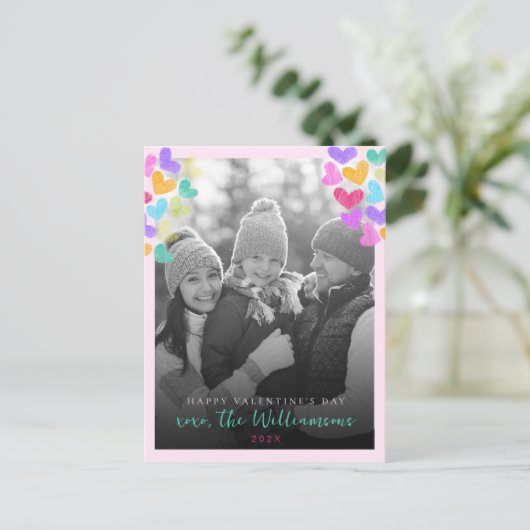 ハッピーヴァレンティーンズデイキュートパステルハート写真 ポストカード (スタンド正面)
