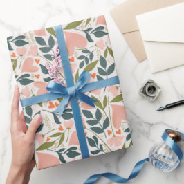 ハッピーヴァレンティーンズデイコーラルハートボタニカルフローラ ラッピングペーパー