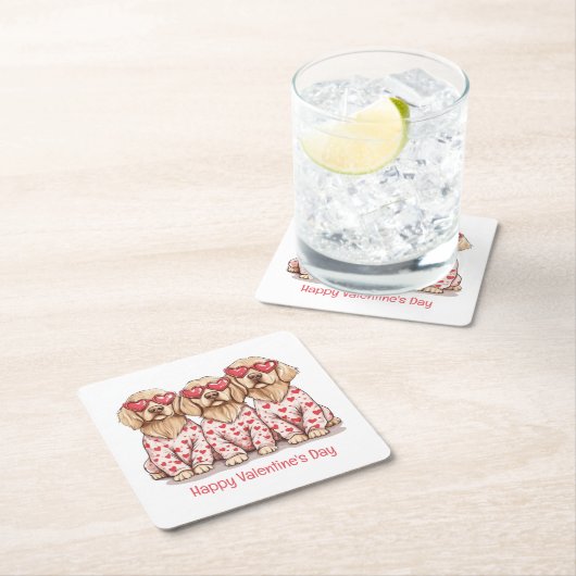 ハッピーヴァレンティーンズデイゴールデンレトリエバードッグス スクエアペーパーコースター (インサイチュ)