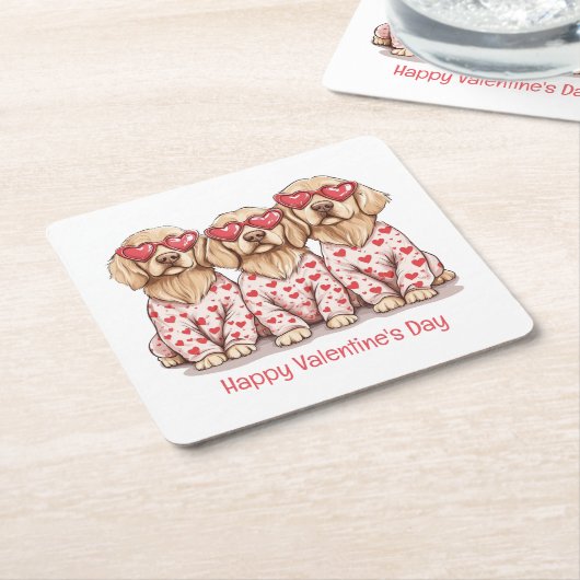 ハッピーヴァレンティーンズデイゴールデンレトリエバードッグス スクエアペーパーコースター (アングル)