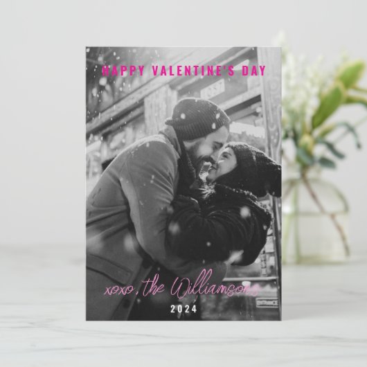 ハッピーヴァレンティーンズデイシックなピンクハートカップル写真 シーズンカード (スタンド正面)