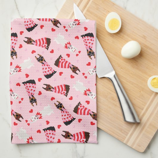 ハッピーヴァレンティーンズデイドベルマンドッグス キッチンタオル (四つ折り)