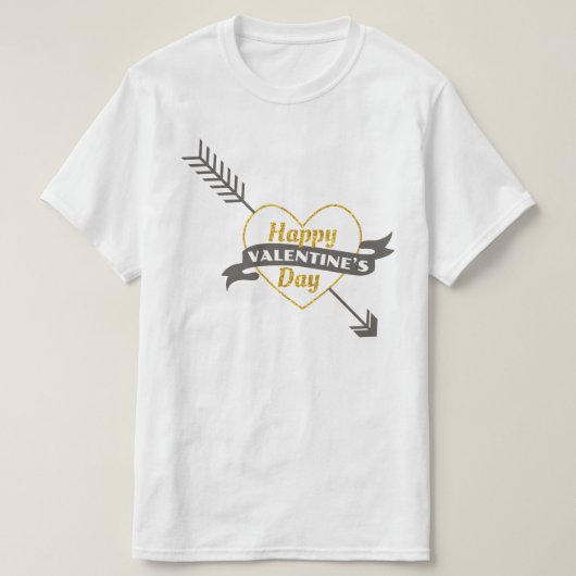 ハッピーヴァレンティーンズデイハート&アロー金ゴールド&グレー Tシャツ (デザイン正面)